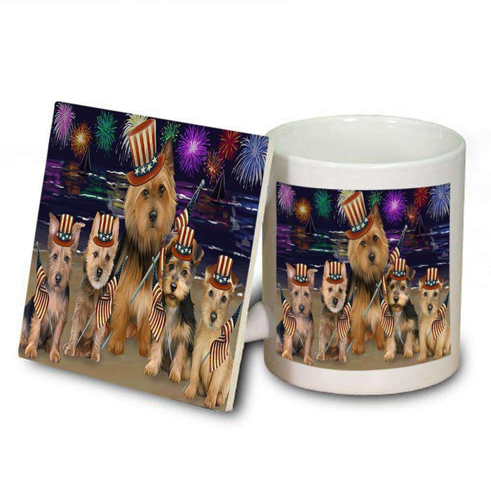 4th of July Independence Day Firework Australian Terriers Dog Mug and Coaster Set MUC52000