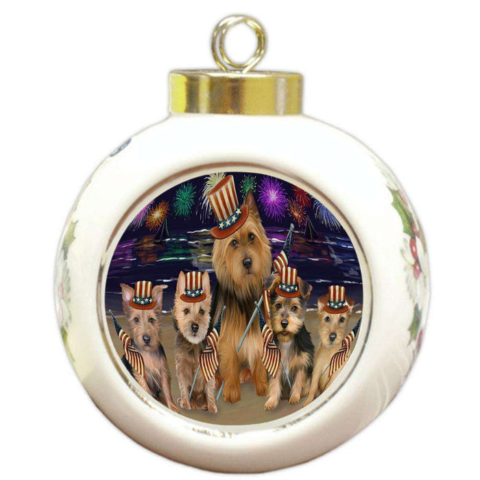 4th of July Independence Day Firework Australian Terriers Dog Round Ball Christmas Ornament RBPOR52008