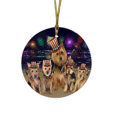 4th of July Independence Day Firework Australian Terriers Dog Round Flat Christmas Ornament RFPOR51999
