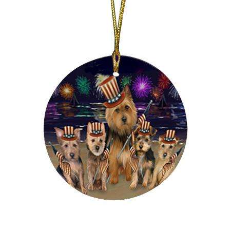 4th of July Independence Day Firework Australian Terriers Dog Round Flat Christmas Ornament RFPOR52389