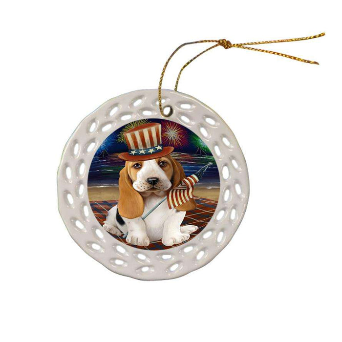 4th of July Independence Day Firework Basset Hound Dog Ceramic Doily Ornament DPOR49596