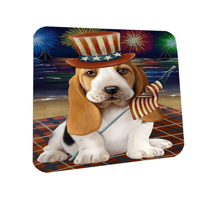 4th of July Independence Day Firework Basset Hound Dog Coasters Set of 4 CST49656