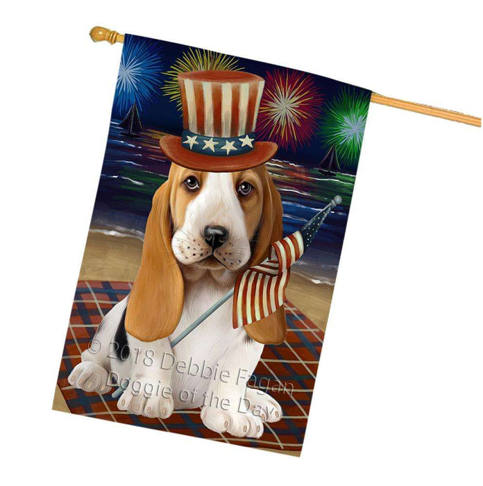 4th of July Independence Day Firework Basset Hound Dog House Flag FLG49561