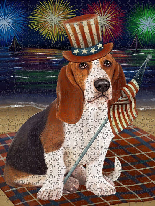 4th of July Independence Day Firework Basset Hound Dog Puzzle with Photo Tin PUZL48366