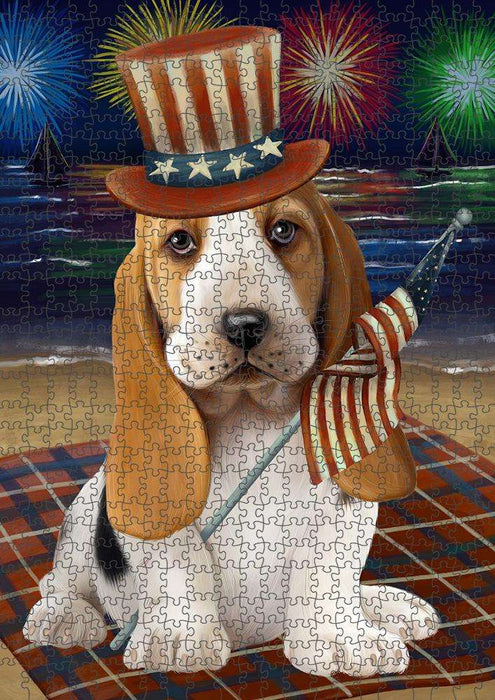 4th of July Independence Day Firework Basset Hound Dog Puzzle with Photo Tin PUZL52494