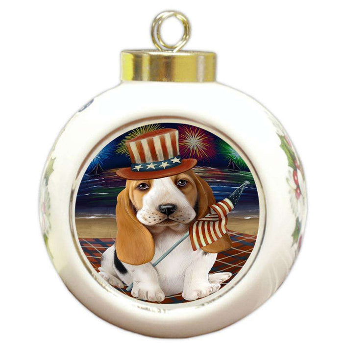 4th of July Independence Day Firework Basset Hound Dog Round Ball Christmas Ornament RBPOR49596