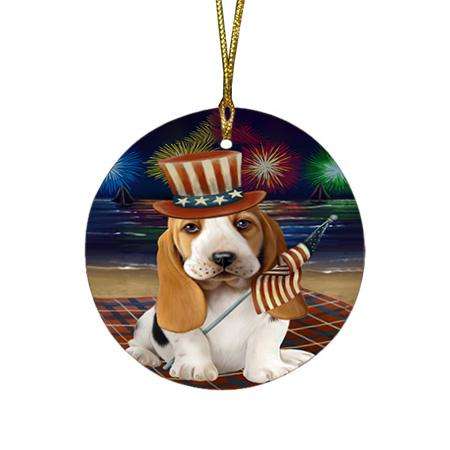 4th of July Independence Day Firework Basset Hound Dog Round Flat Christmas Ornament RFPOR49587