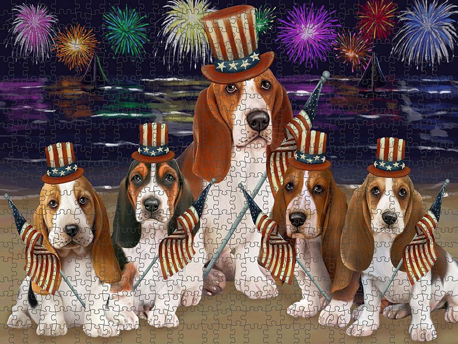 4th of July Independence Day Firework Basset Hounds Dog Puzzle with Photo Tin PUZL48369