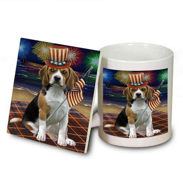 4th of July Independence Day Firework Beagle Dog Mug and Coaster Set MUC48712