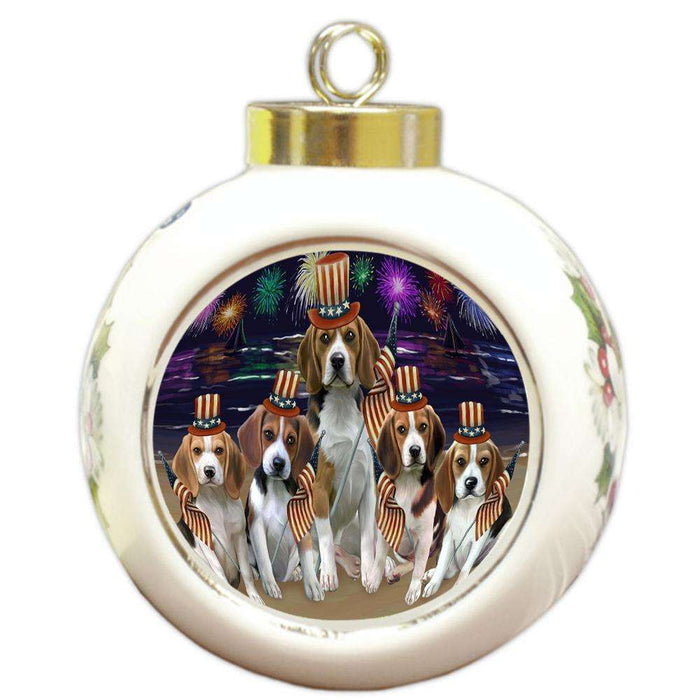 4th of July Independence Day Firework Beagle Dog Round Ball Christmas Ornament RBPOR48721