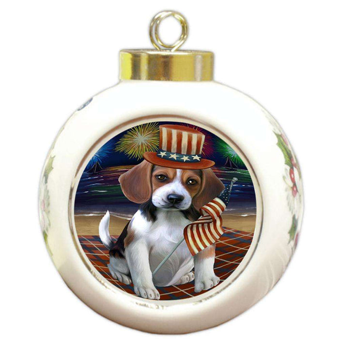 4th of July Independence Day Firework Beagle Dog Round Ball Christmas Ornament RBPOR48722