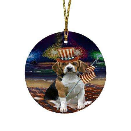 4th of July Independence Day Firework Beagle Dog Round Christmas Ornament RFPOR48711