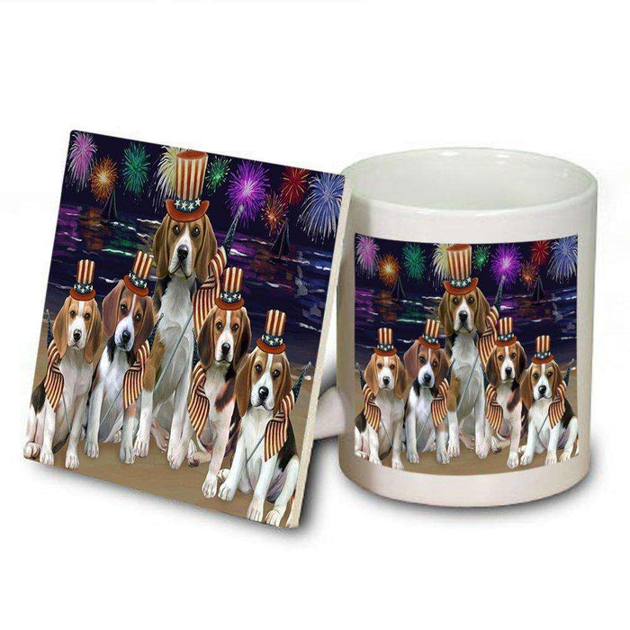 4th of July Independence Day Firework Beagles Dog Mug and Coaster Set MUC48713