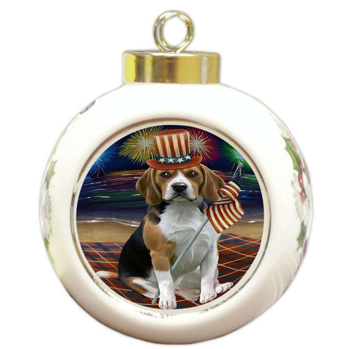 4th of July Independence Day Firework Beagles Dog Round Ball Christmas Ornament RBPOR48720