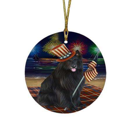 4th of July Independence Day Firework Belgian Shepherd Dog Round Flat Christmas Ornament RFPOR49588