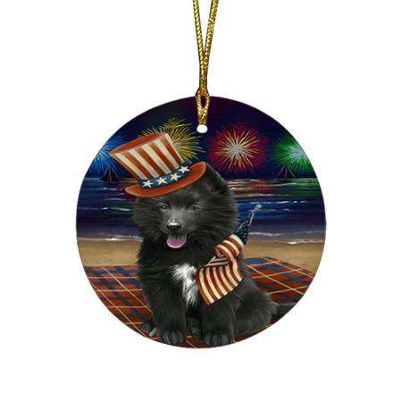 4th of July Independence Day Firework Belgian Shepherd Dog Round Flat Christmas Ornament RFPOR49590