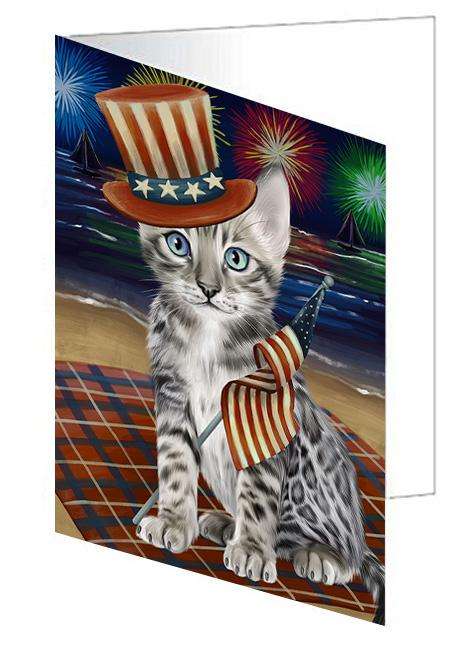 4th of July Independence Day Firework Bengal Cat Handmade Artwork Assorted Pets Greeting Cards and Note Cards with Envelopes for All Occasions and Holiday Seasons GCD61241
