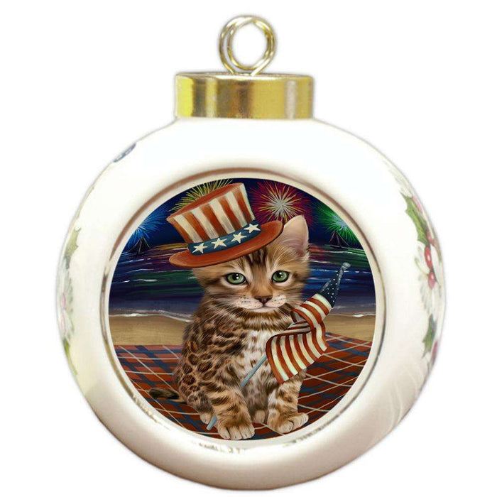 4th of July Independence Day Firework Bengal Cat Round Ball Christmas Ornament RBPOR52403