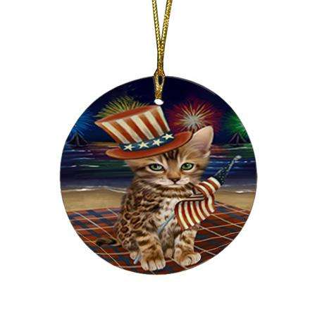 4th of July Independence Day Firework Bengal Cat Round Flat Christmas Ornament RFPOR52004