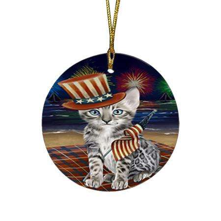 4th of July Independence Day Firework Bengal Cat Round Flat Christmas Ornament RFPOR52005