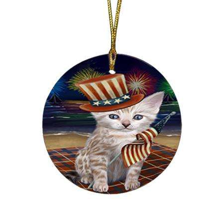 4th of July Independence Day Firework Bengal Cat Round Flat Christmas Ornament RFPOR52006