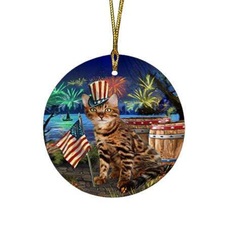 4th of July Independence Day Firework Bengal Cat Round Flat Christmas Ornament RFPOR54023