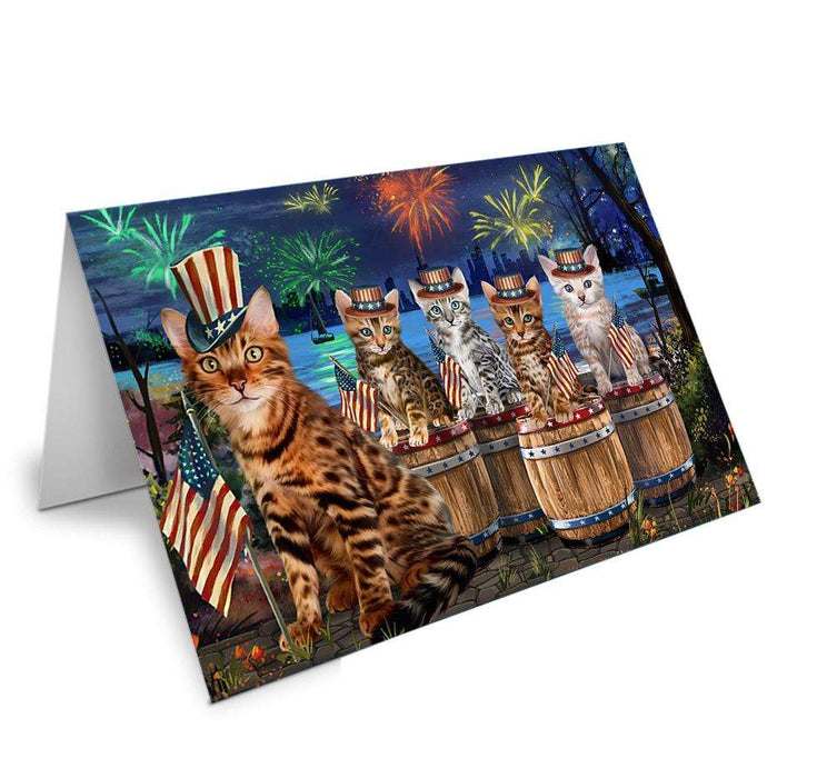 4th of July Independence Day Firework Bengal Cats Handmade Artwork Assorted Pets Greeting Cards and Note Cards with Envelopes for All Occasions and Holiday Seasons GCD66350