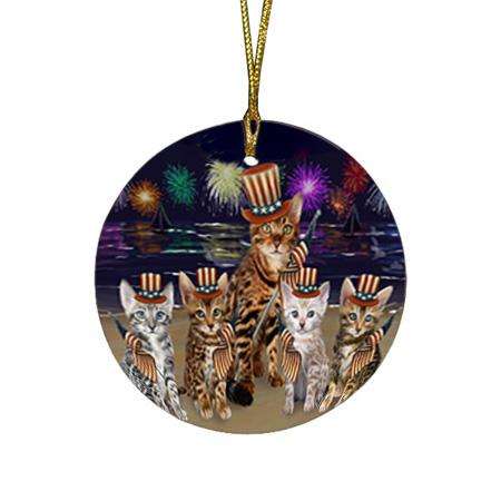 4th of July Independence Day Firework Bengal Cats Round Flat Christmas Ornament RFPOR52003