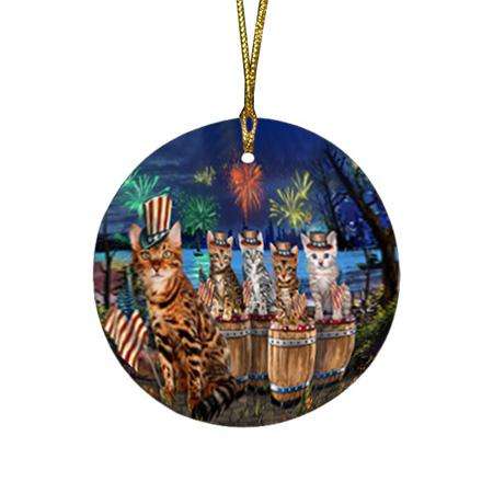 4th of July Independence Day Firework Bengal Cats Round Flat Christmas Ornament RFPOR54098