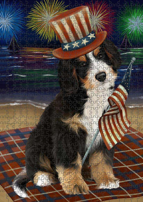 4th of July Independence Day Firework Bernedoodle Dog Puzzle with Photo Tin PUZL52509