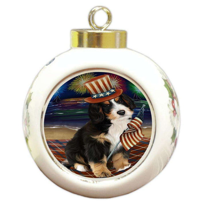 4th of July Independence Day Firework Bernedoodle Dog Round Ball Christmas Ornament RBPOR49601