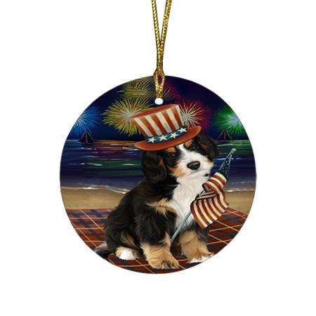 4th of July Independence Day Firework Bernedoodle Dog Round Flat Christmas Ornament RFPOR49592