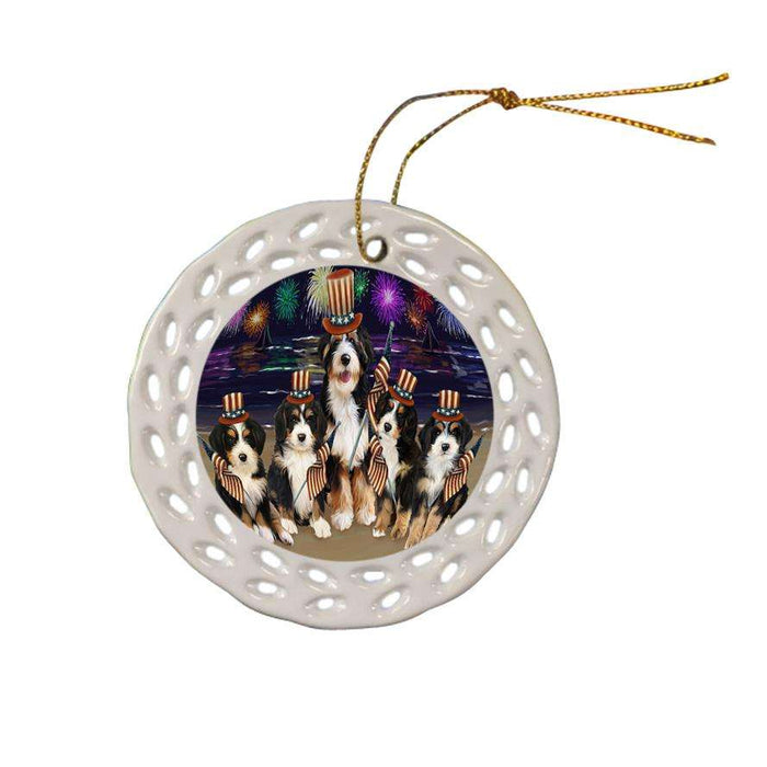 4th of July Independence Day Firework Bernedoodles Dog Ceramic Doily Ornament DPOR49600