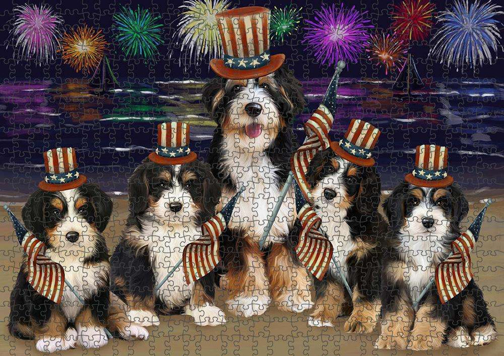 4th of July Independence Day Firework Bernedoodles Dog Puzzle with Photo Tin PUZL52506