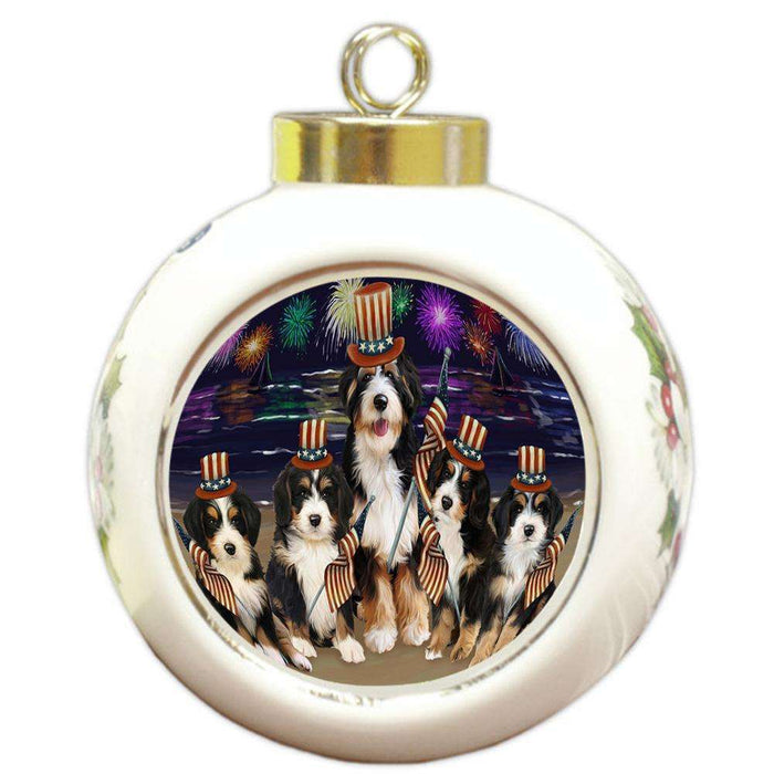 4th of July Independence Day Firework Bernedoodles Dog Round Ball Christmas Ornament RBPOR49600
