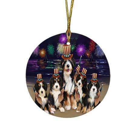 4th of July Independence Day Firework Bernedoodles Dog Round Flat Christmas Ornament RFPOR49591