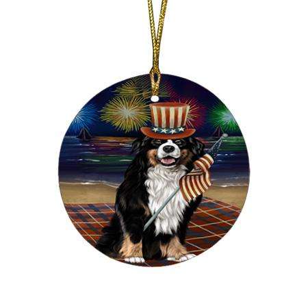 4th of July Independence Day Firework Bernese Mountain Dog Round Flat Christmas Ornament RFPOR49593