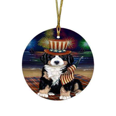 4th of July Independence Day Firework Bernese Mountain Dog Round Flat Christmas Ornament RFPOR49595