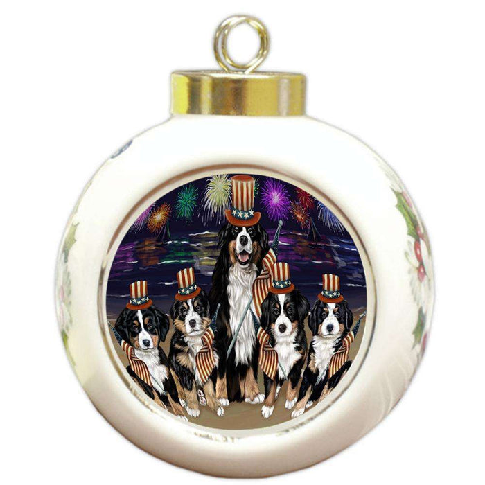 4th of July Independence Day Firework Bernese Mountain Dogs Round Ball Christmas Ornament RBPOR49603