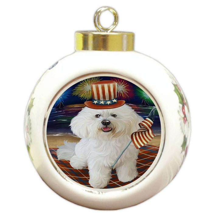 4th of July Independence Day Firework Bichon Frise Dog Round Ball Christmas Ornament RBPOR49605