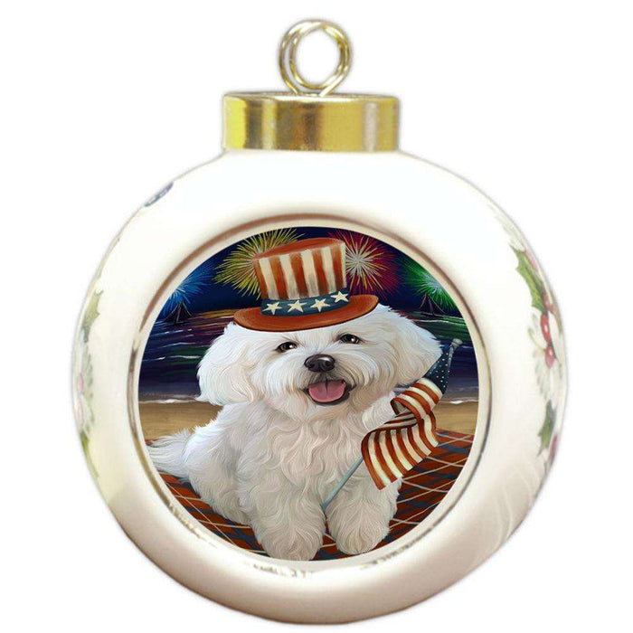 4th of July Independence Day Firework Bichon Frise Dog Round Ball Christmas Ornament RBPOR49607