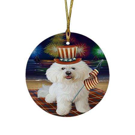 4th of July Independence Day Firework Bichon Frise Dog Round Flat Christmas Ornament RFPOR49596