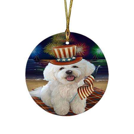 4th of July Independence Day Firework Bichon Frise Dog Round Flat Christmas Ornament RFPOR49598
