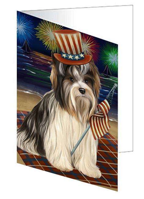 4th of July Independence Day Firework Biewer Terrier Dog Handmade Artwork Assorted Pets Greeting Cards and Note Cards with Envelopes for All Occasions and Holiday Seasons GCD61247