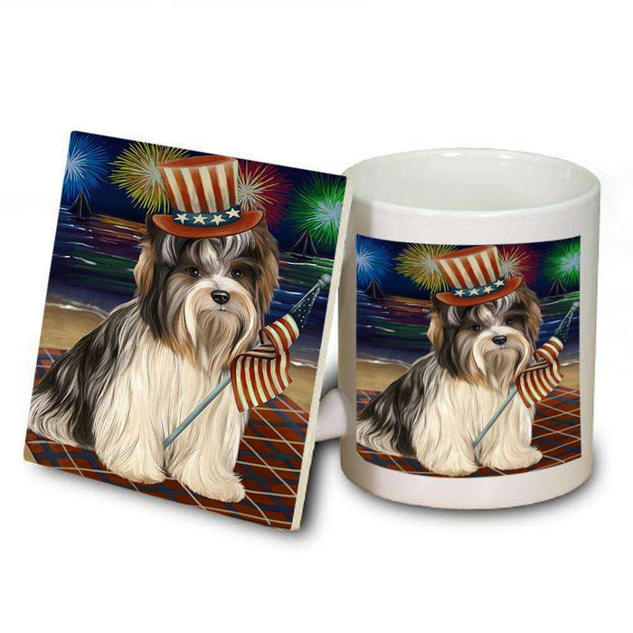 4th of July Independence Day Firework Biewer Terrier Dog Mug and Coaster Set MUC52008