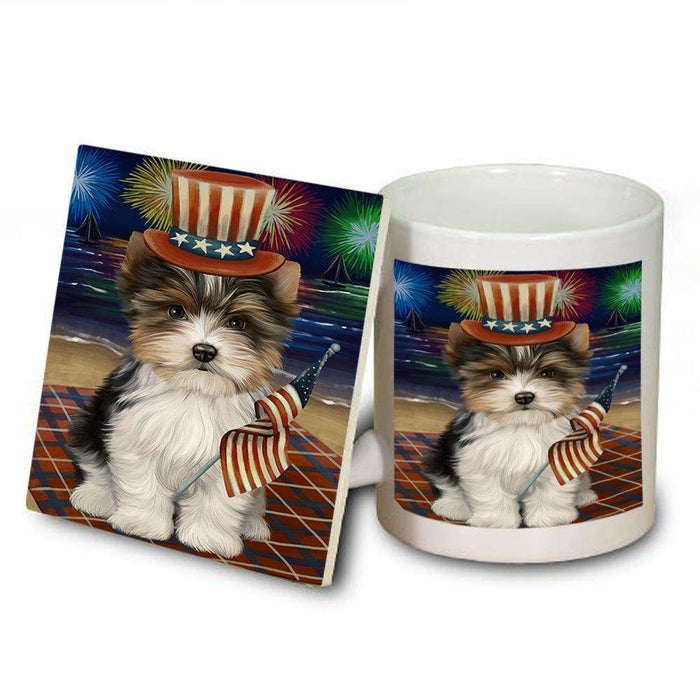 4th of July Independence Day Firework Biewer Terrier Dog Mug and Coaster Set MUC52400