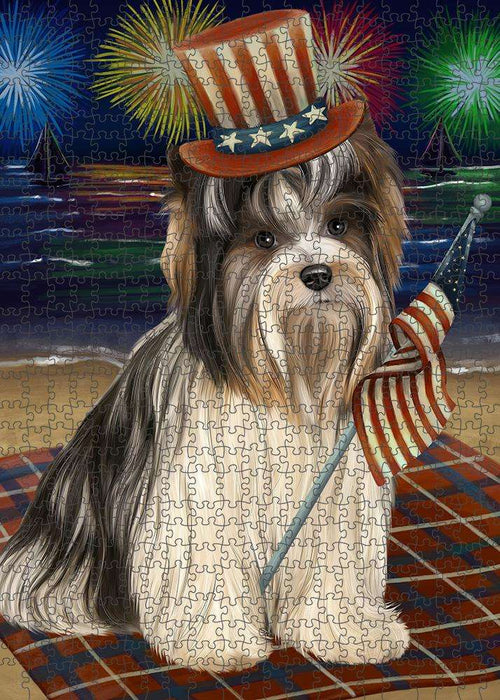 4th of July Independence Day Firework Biewer Terrier Dog Puzzle with Photo Tin PUZL61149