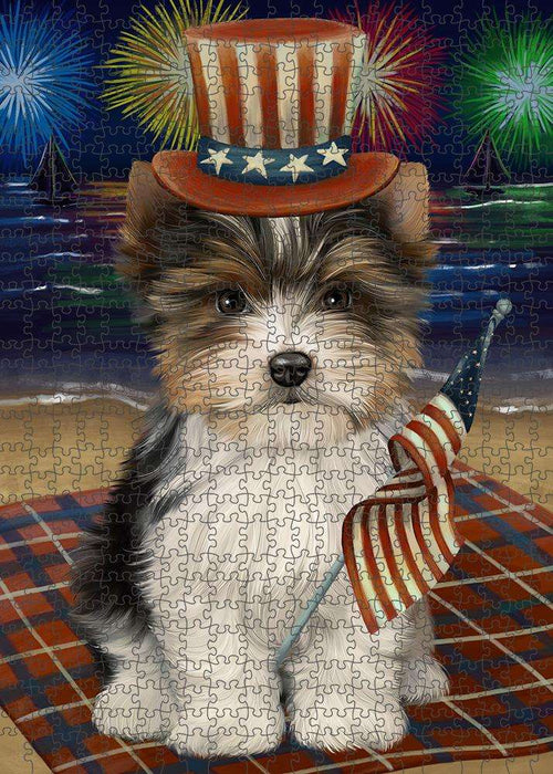 4th of July Independence Day Firework Biewer Terrier Dog Puzzle with Photo Tin PUZL61155