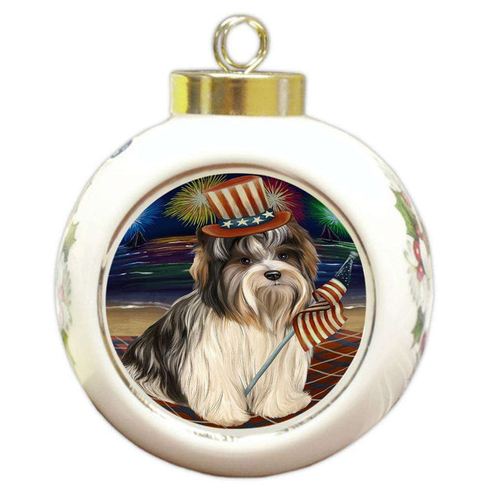 4th of July Independence Day Firework Biewer Terrier Dog Round Ball Christmas Ornament RBPOR52016