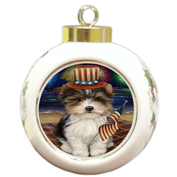 4th of July Independence Day Firework Biewer Terrier Dog Round Ball Christmas Ornament RBPOR52018